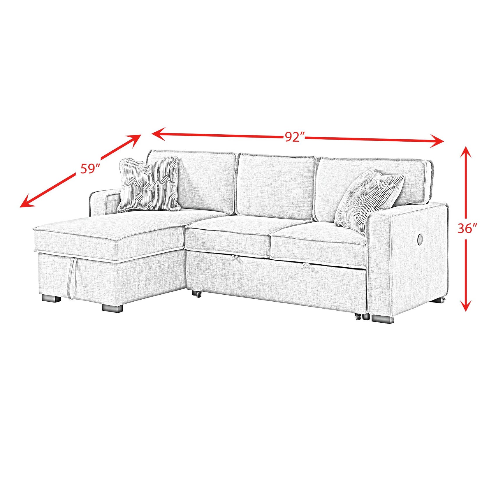 Caracas Sectional Sleeper Chofa with Pull Bed, Drop Table & USB in Palmer Grey - Tampa Furniture Outlet