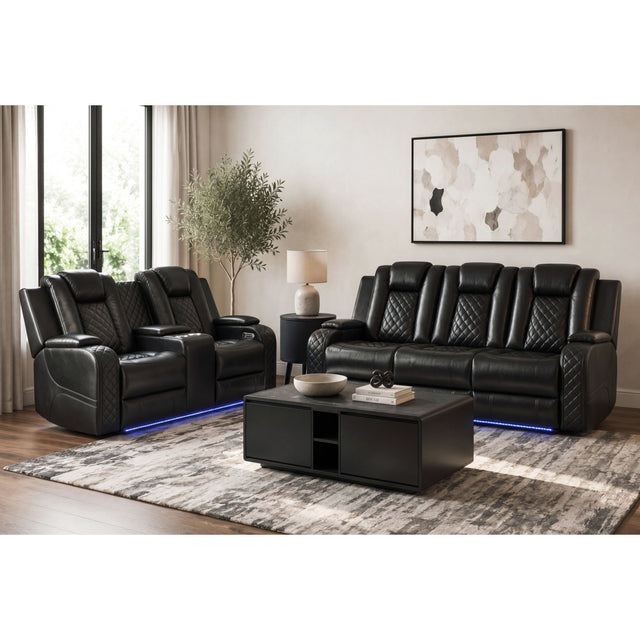 Carlo Power Motion Loveseat with Power Headrest, Console and LED in Pebble Black – SKU U-8900-8206-285PP | Elements