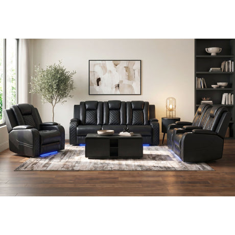 Carlo Power Motion Sofa with Power Headrest, Dropdown Table, Power strip, led and reading light in Pebble Black – SKU U-8900-8206-308PP | Elements