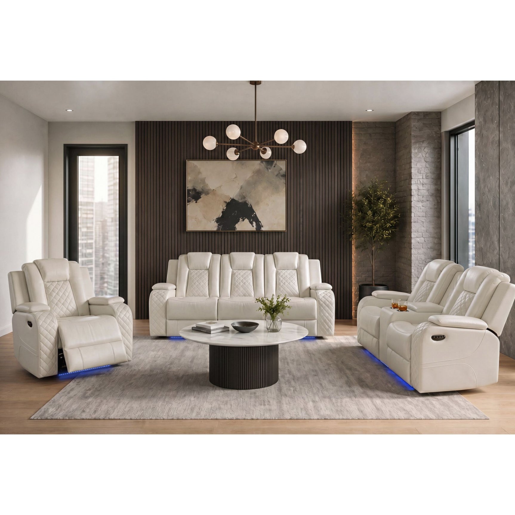 Carlo Power Motion Loveseat with Power Headrest, Console and LED in Pebble Oyster – SKU U-8900-8205-285PP | Elements