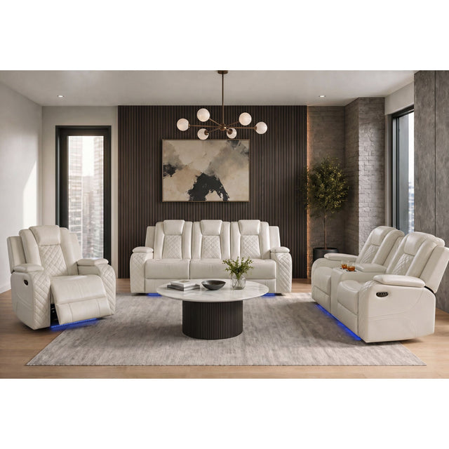 Carlo Power Motion Loveseat with Power Headrest, Console and LED in Pebble Oyster – SKU U-8900-8205-285PP | Elements