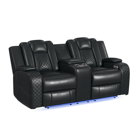 Carlo Power Motion Loveseat with Power Headrest, Console and LED in Pebble Black - Tampa Furniture Outlet