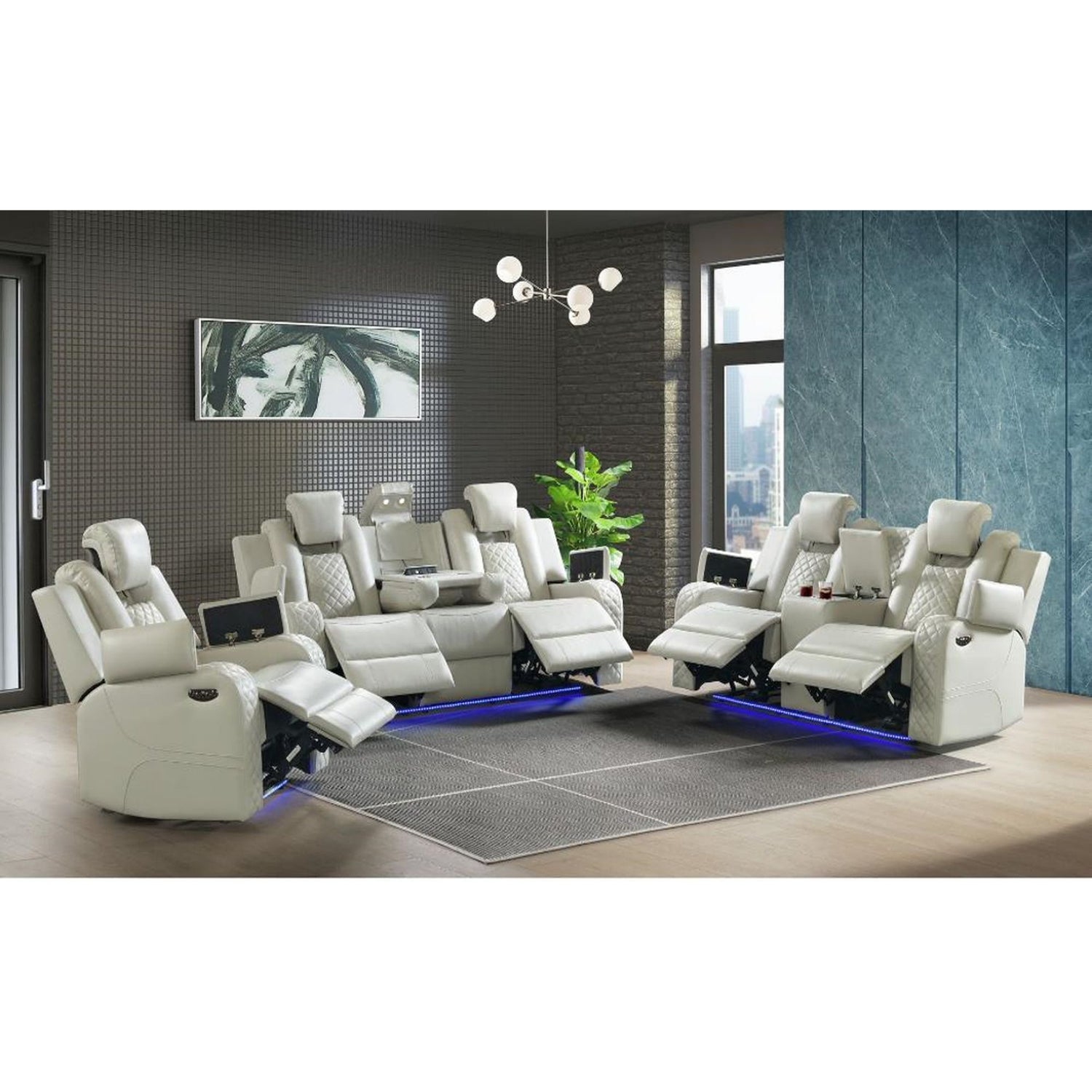 Carlo Power Motion Recliner with Power Headrest, LED in Pebble Oyster - Tampa Furniture Outlet