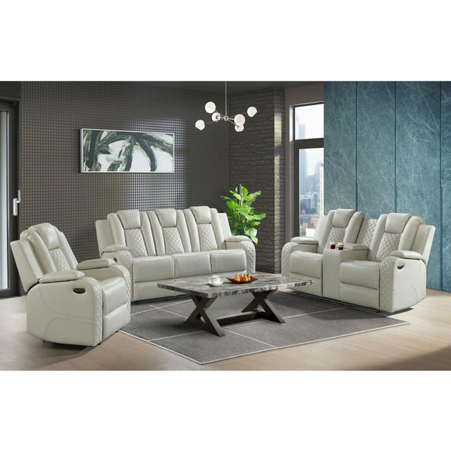 Carlo Power Motion Loveseat with Power Headrest, Console and LED in Pebble Oyster – SKU U-8900-8205-285PP | Elements