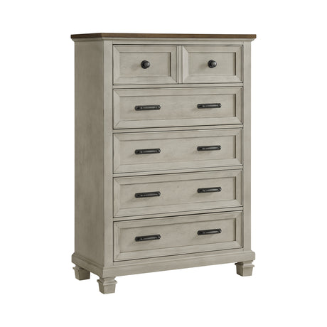Farmington 5-Drawer Chest in Medium Brown and Washed Stone