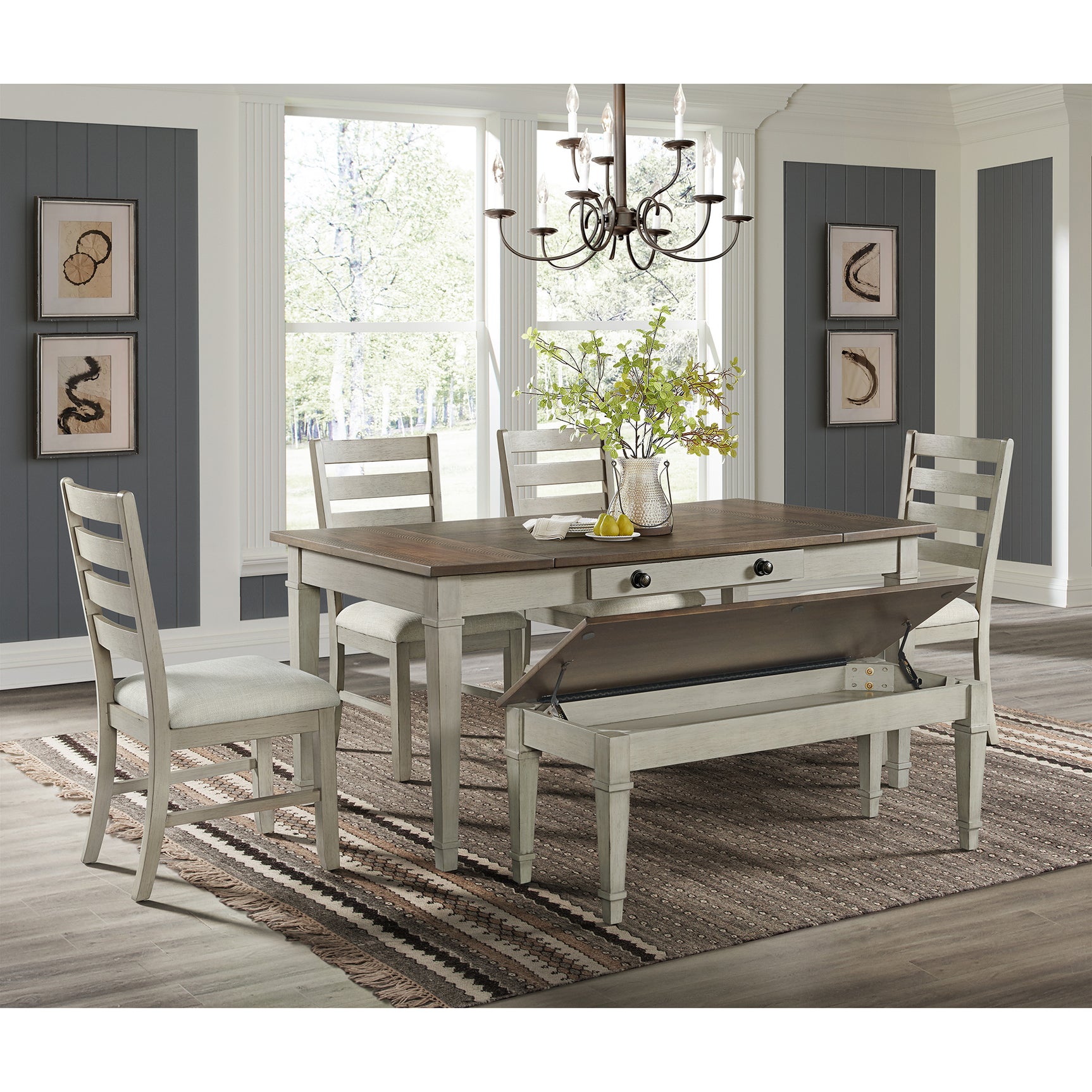 Farmington Storage Dining Bench in Medium Brown and Washed Stone - Tampa Furniture Outlet
