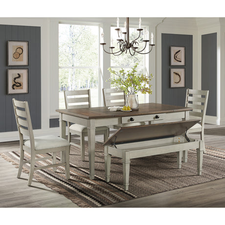 Farmington Storage Dining Bench in Medium Brown and Washed Stone - Tampa Furniture Outlet