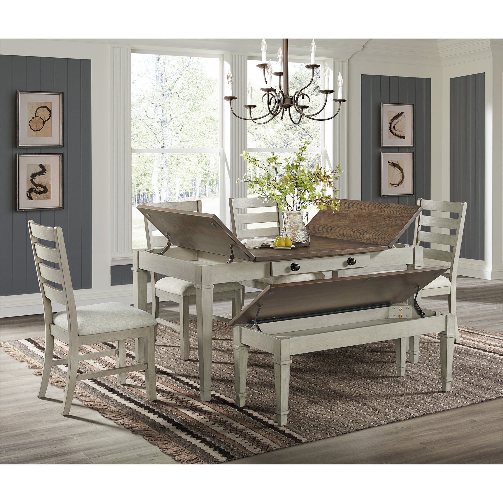 Farmington Ladder Back Dining Side Chair with Light Beige Fabric in Washed Stone (2 Per Carton) - Tampa Furniture Outlet