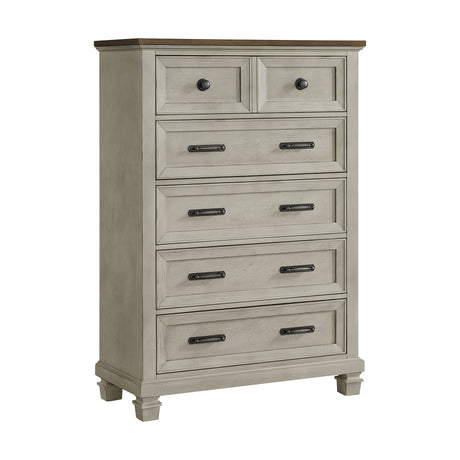Farmington 5-Drawer Chest in Medium Brown and Washed Stone - Tampa Furniture Outlet