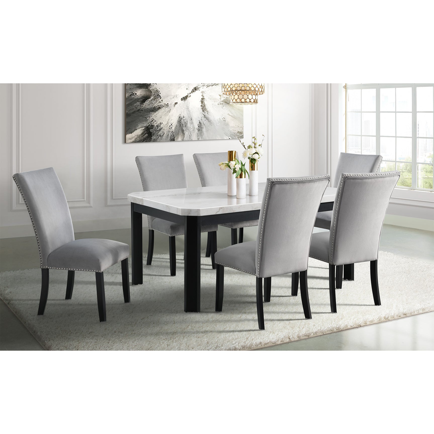 Francesca Rectangular Dining Grey Velvet Side Chair W/ Nailhead Trim (2 Per Pack) – SKU CFC300VSC | Elements