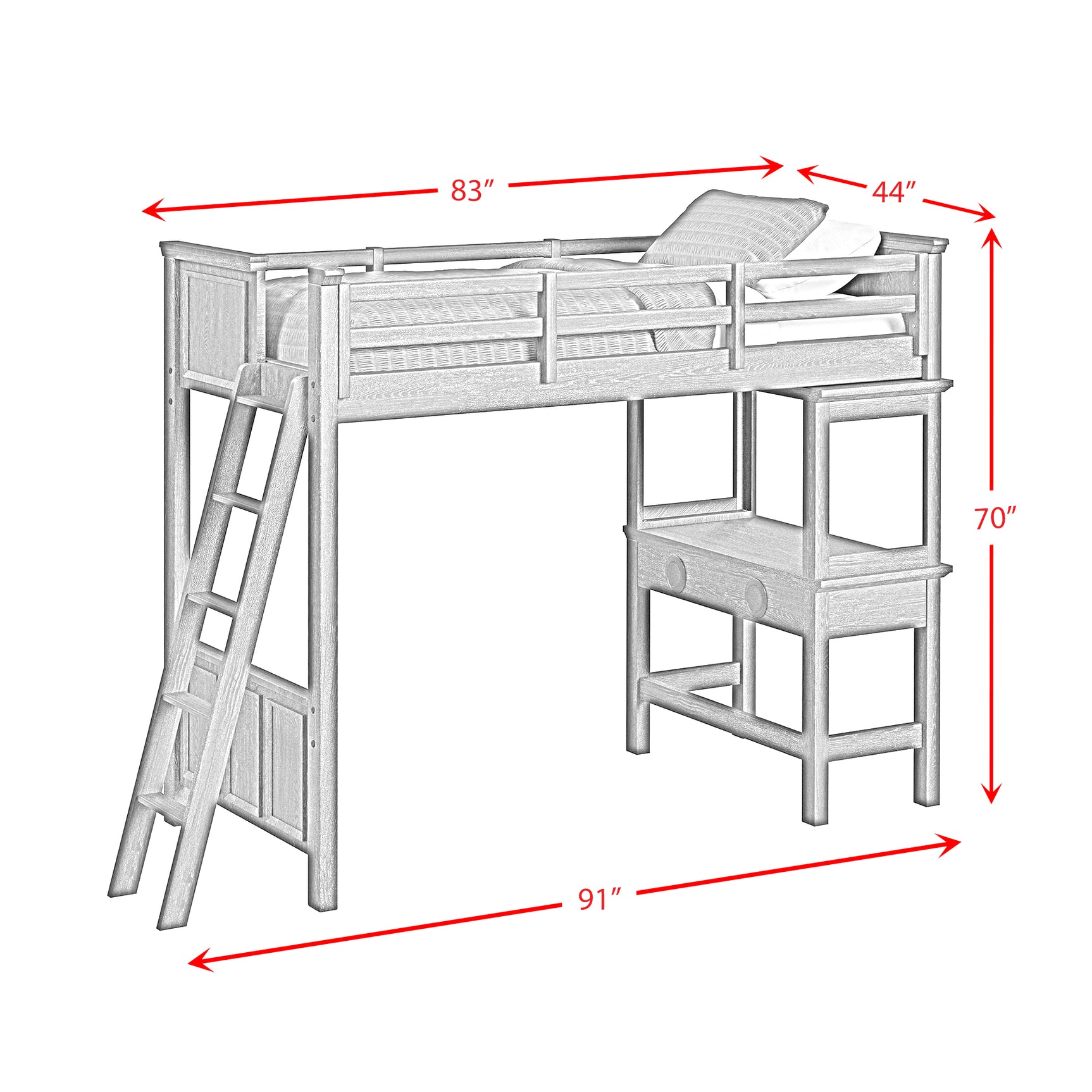 Hampton Kids Twin Loft with Ladder and Desk with Speaker in White - Tampa Furniture Outlet