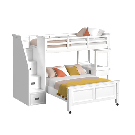 Hampton Kids Twin Over Full Loft with Staircase and Desk with Speaker in White