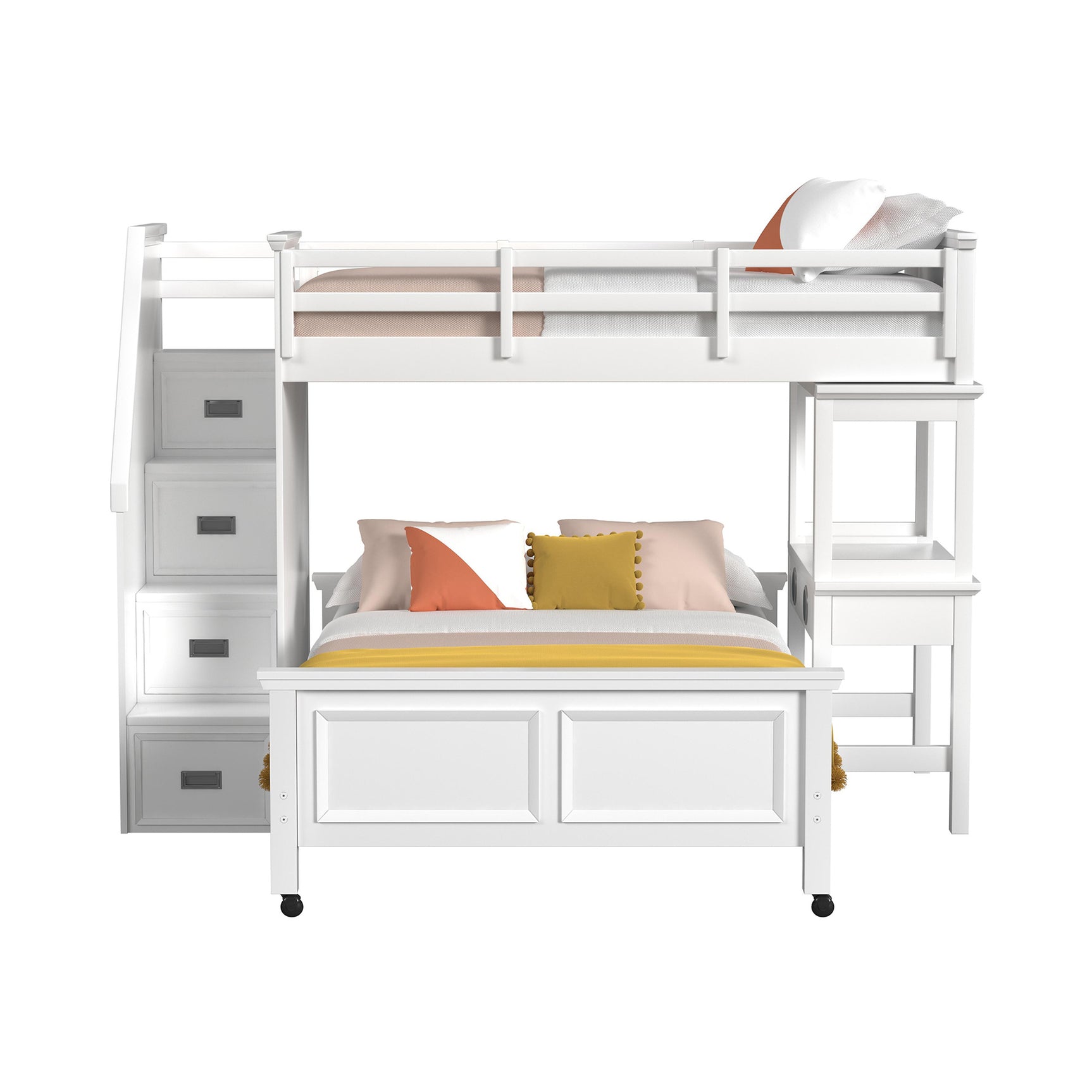 Hampton Kids Twin Over Full Loft with Staircase and Desk with Speaker in White