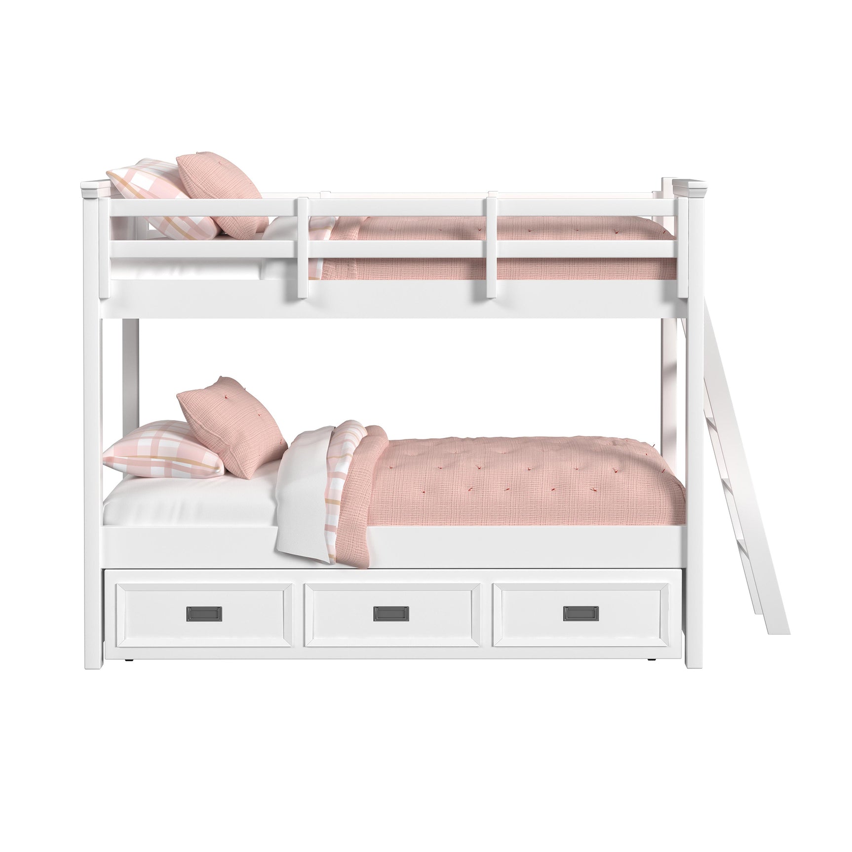 Hampton Kids Twin Over Twin Bunk with Ladder and Trundle in White - Tampa Furniture Outlet