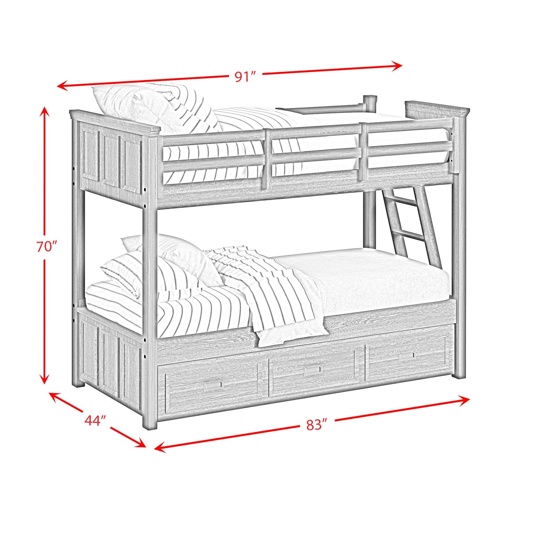Hampton Kids Twin Over Twin Bunk with Ladder and Trundle in White