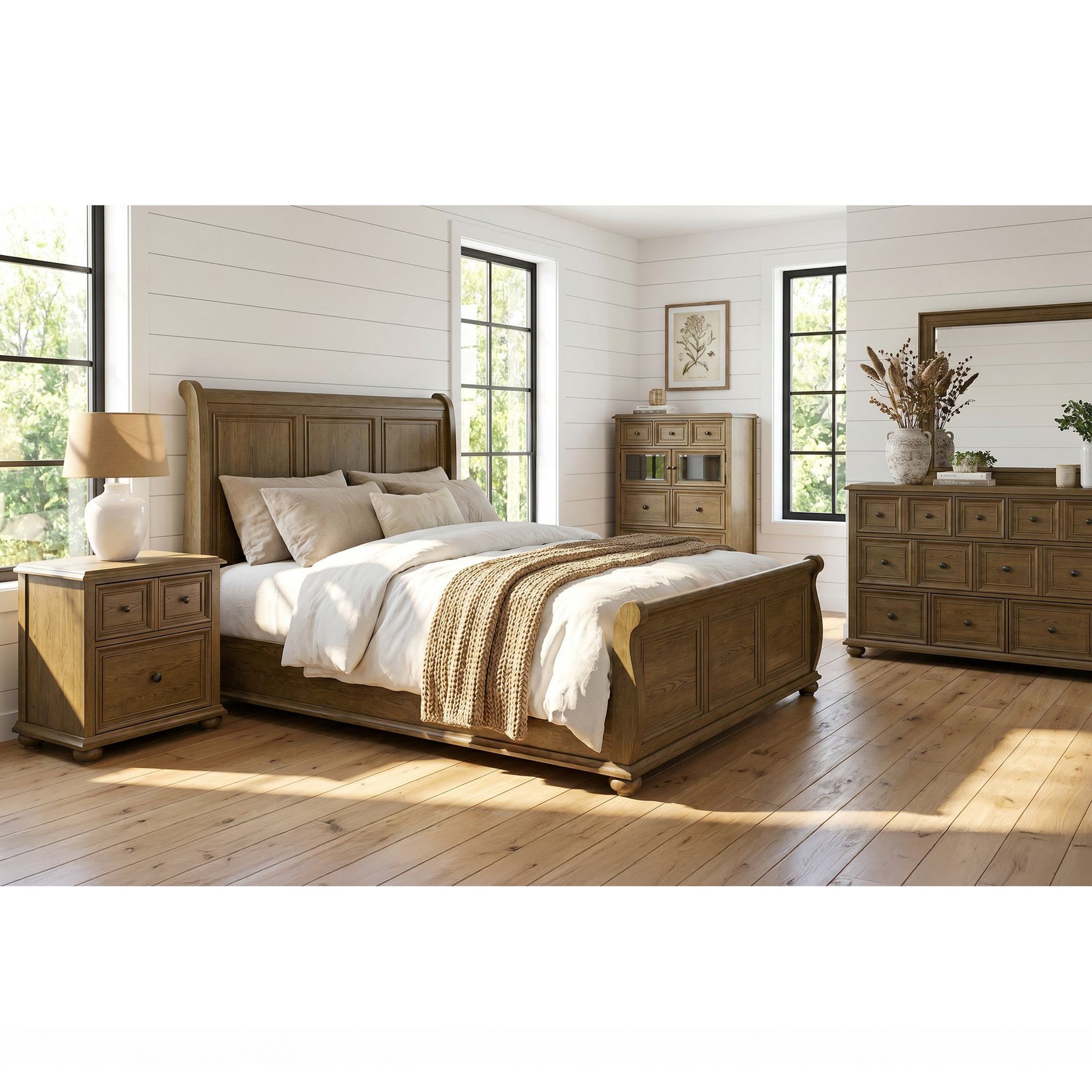 Heritage & Home Queen Sleigh Bed in Oak Brown – SKU B-20440-5-QB | Elements