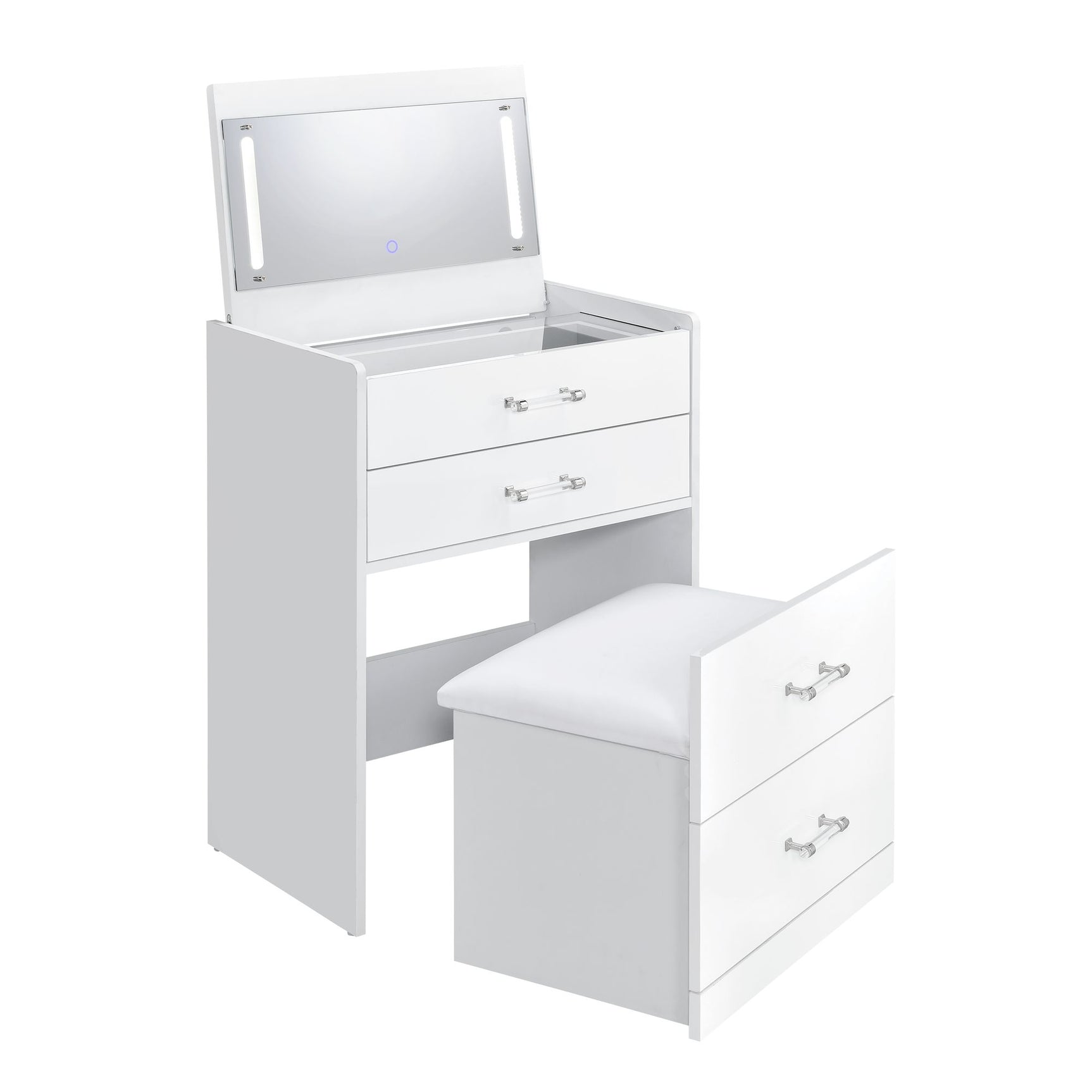 Irvine Mini Dressing Table with Stool, LED and USB in Glossy White - Tampa Furniture Outlet