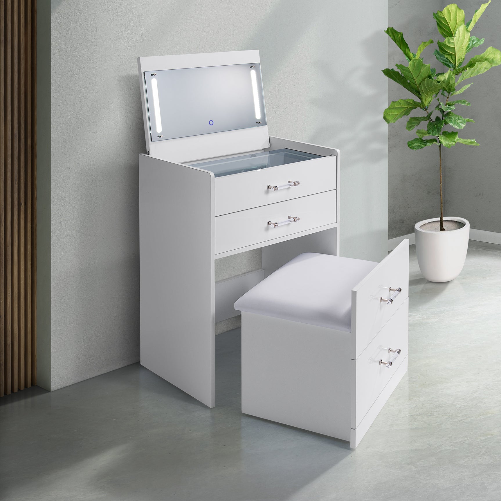 Irvine Mini Dressing Table with Stool, LED and USB in Glossy White – SKU V-13260-7-VNSP | Elements
