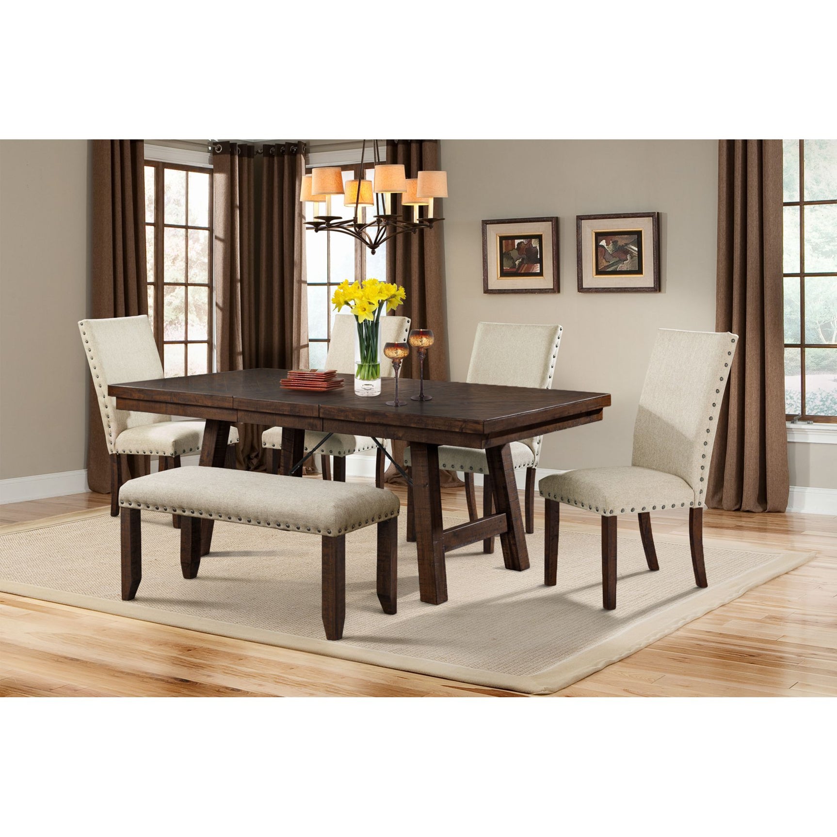 Jax 6pc Dining Set- Table 4 Upholstered Side Chairs & Bench – SKU DJX100SB6PC | Elements