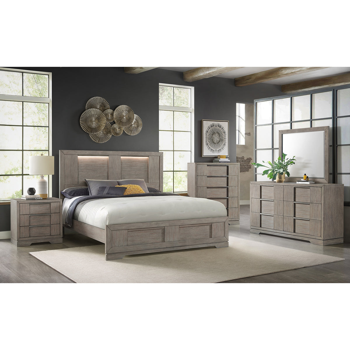 Kelis King Panel Bed with LED in Grey – SKU B-9770-3-KBL | Elements