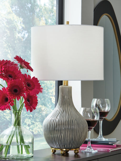 Tampa Furniture Outlet - Ashley Furniture - Judlen Lighting - Ceramic Table Lamp (1/CN) / Gray/Gold Finish - L100844
