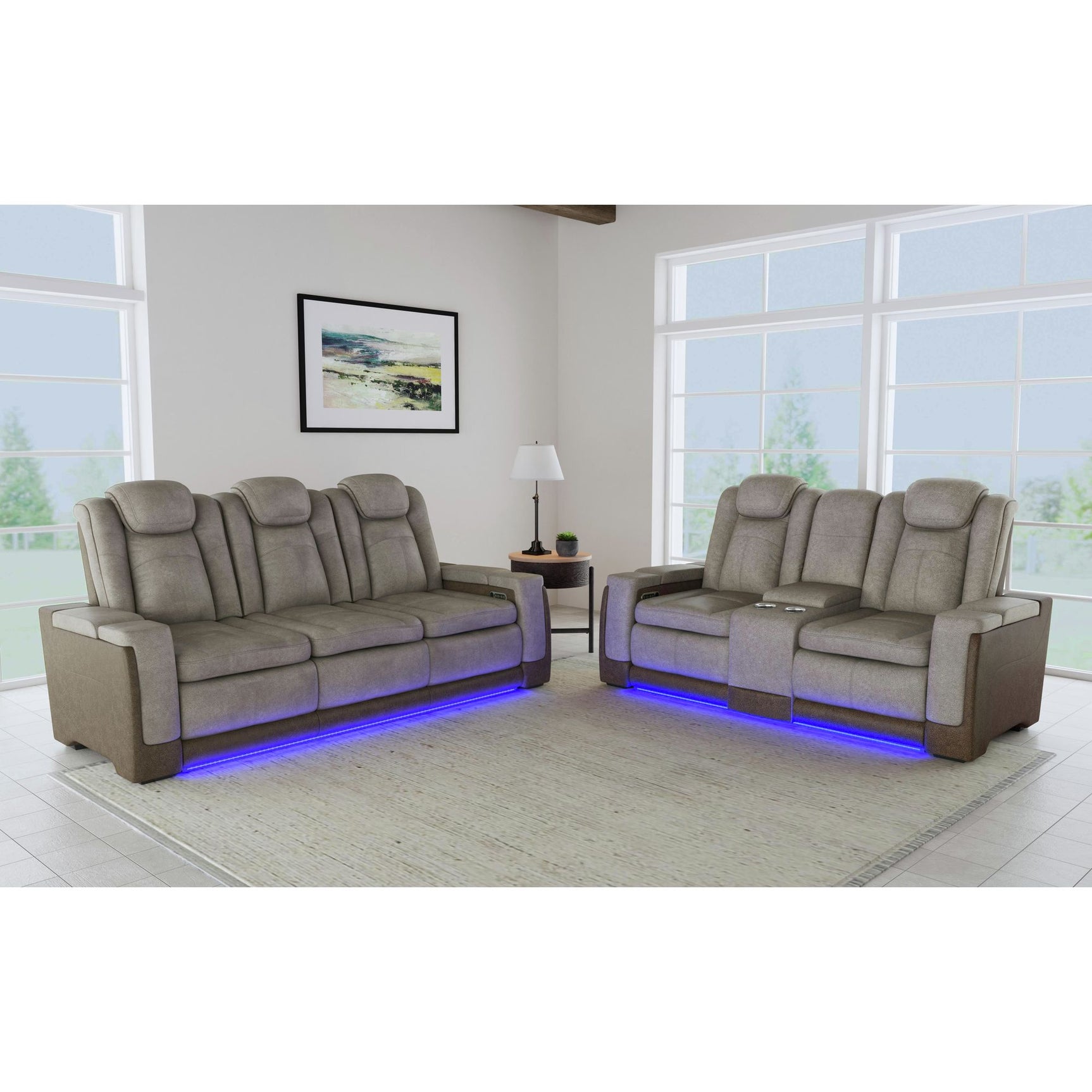 Lantana Power Motion Loveseat with Power Headrest, Led, and Console in Rocky Grey/Brown - Tampa Furniture Outlet
