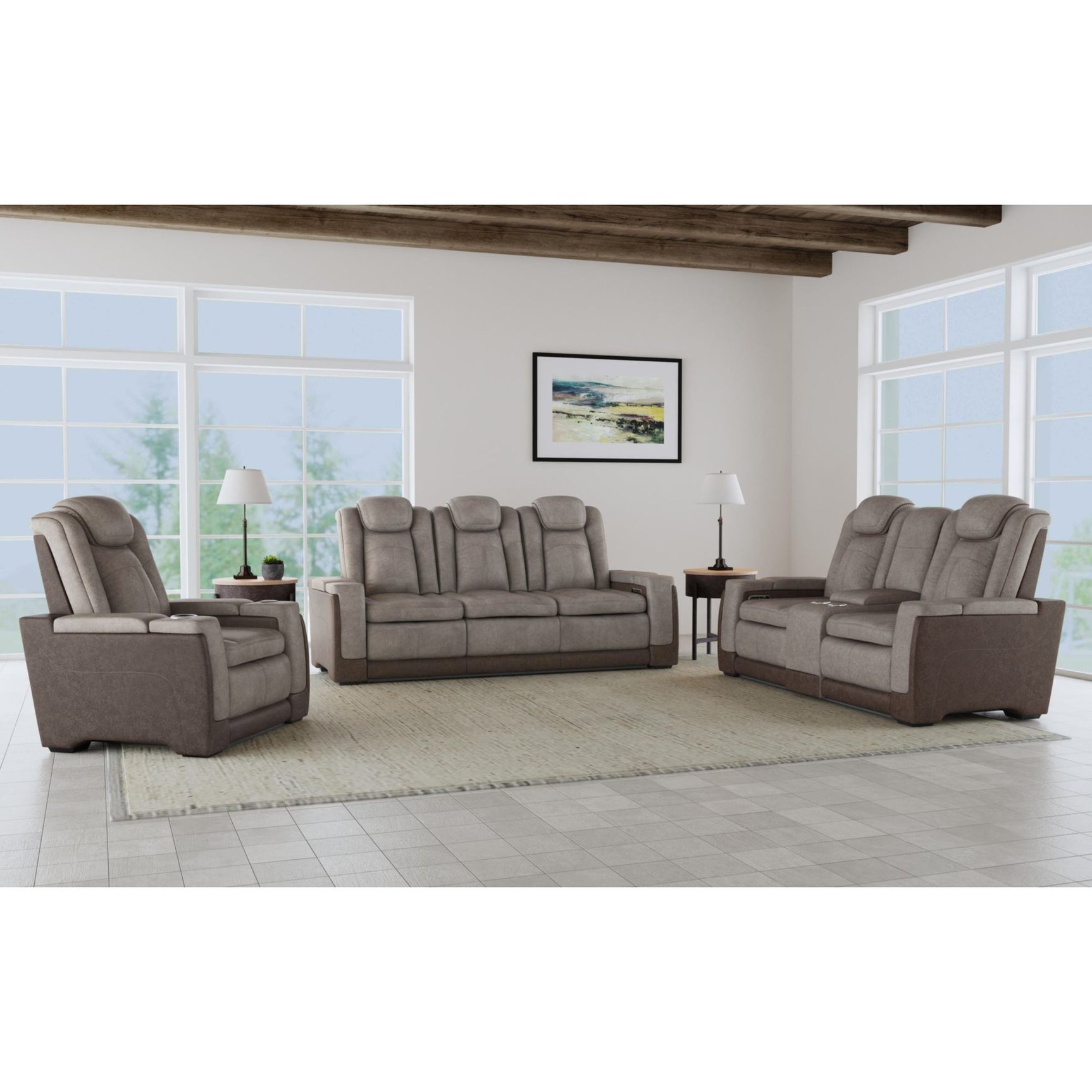 Lantana Power Motion Loveseat with Power Headrest, Led, and Console in Rocky Grey/Brown - Tampa Furniture Outlet