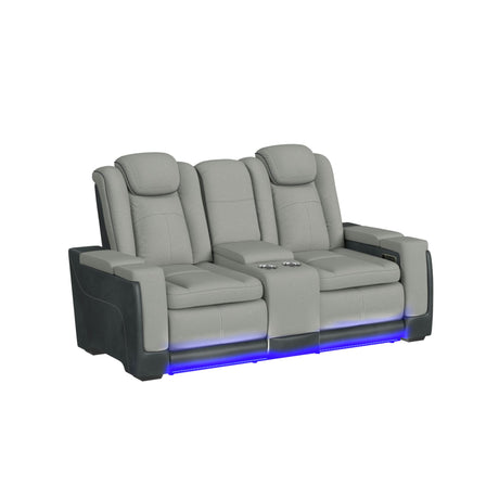 Lantana Power Motion Loveseat with Power Headrest, Led, and Console in Rocky Cement/Charcoal - Tampa Furniture Outlet
