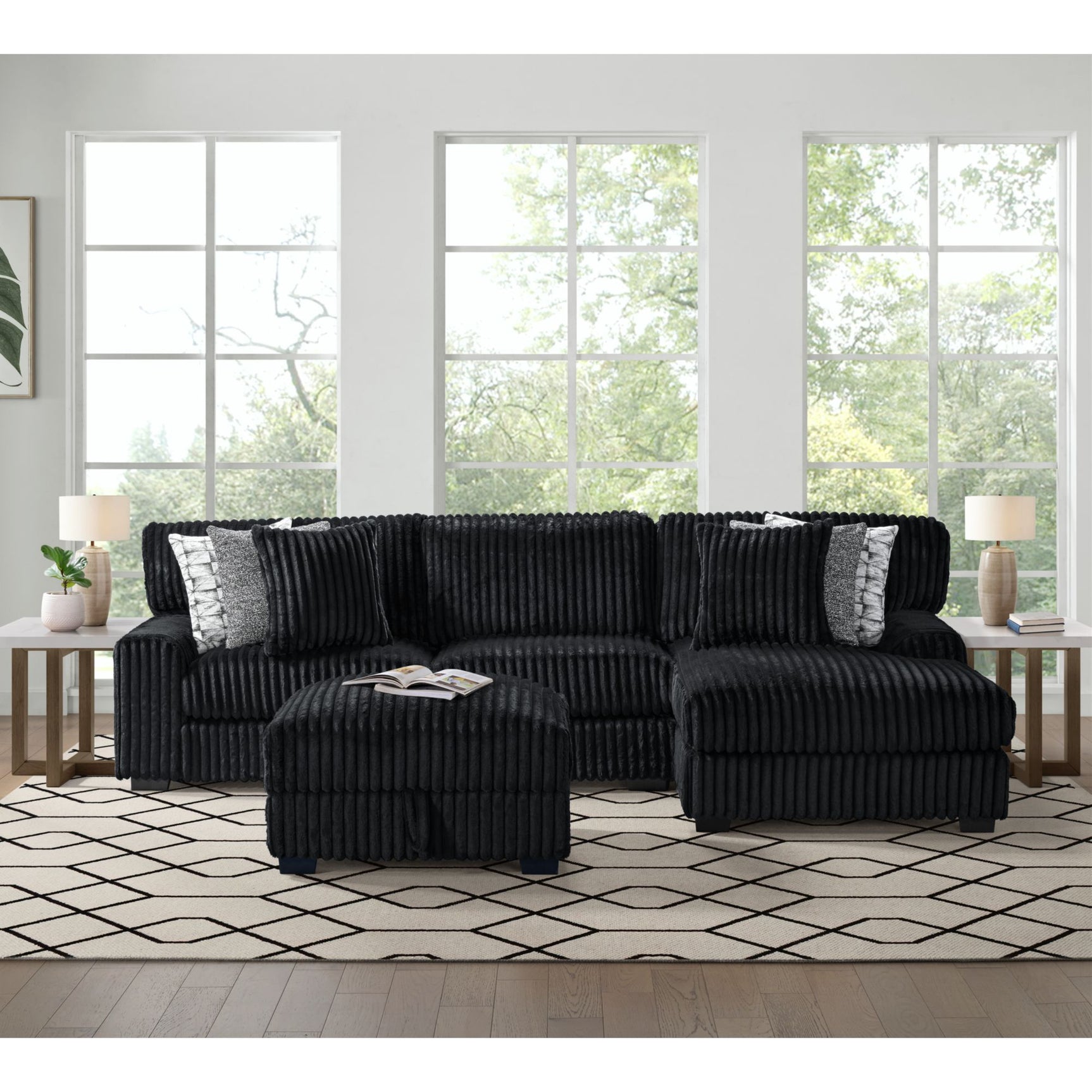 Nightfall RHF Chaise in Grand Cord Black with 2 self Pillows 20" - Tampa Furniture Outlet