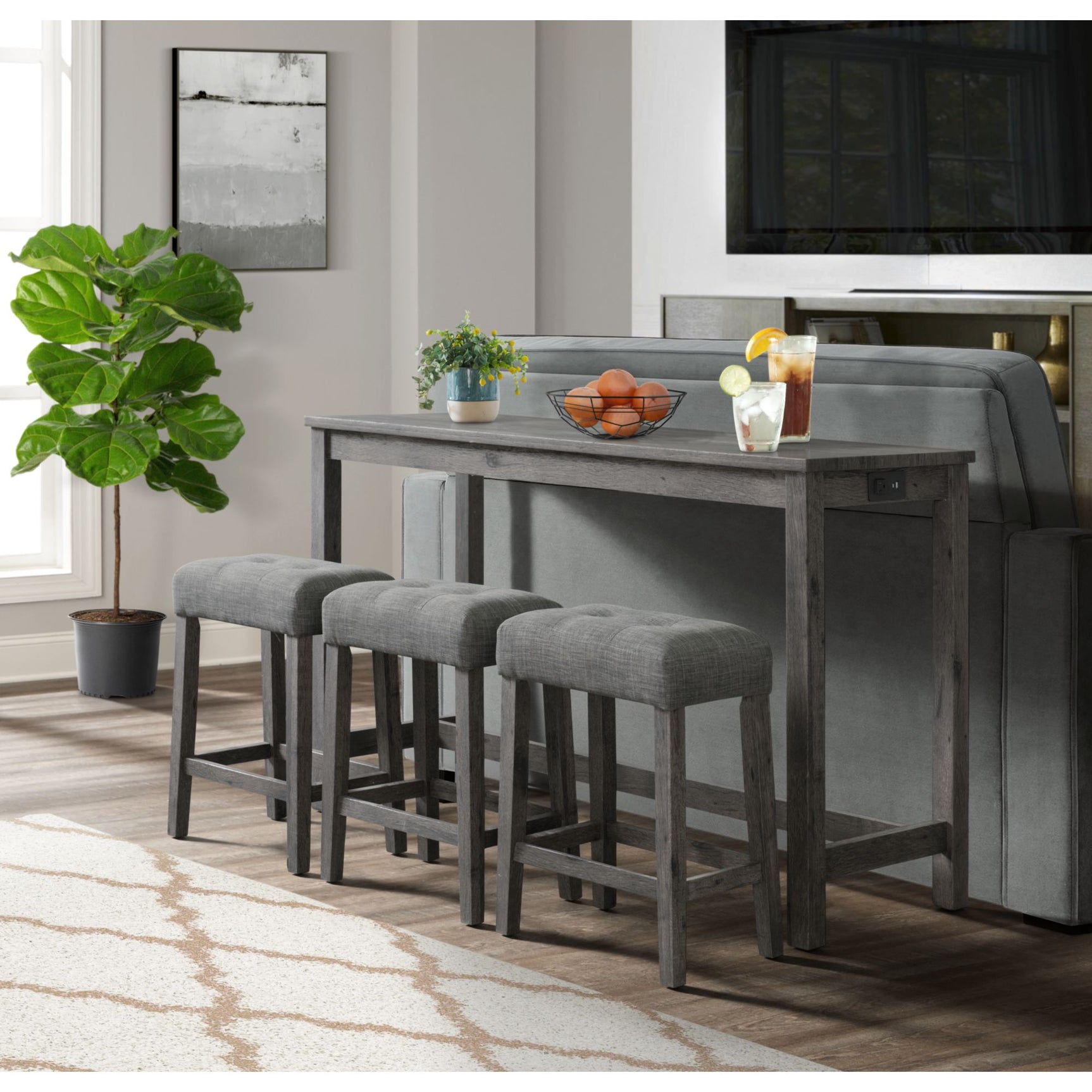 Oak Lawn Charcoal Grey Bar Table Single Pack (Table + 3 Grey Fabric Stools) – SKU D.14030.BTSP | Elements