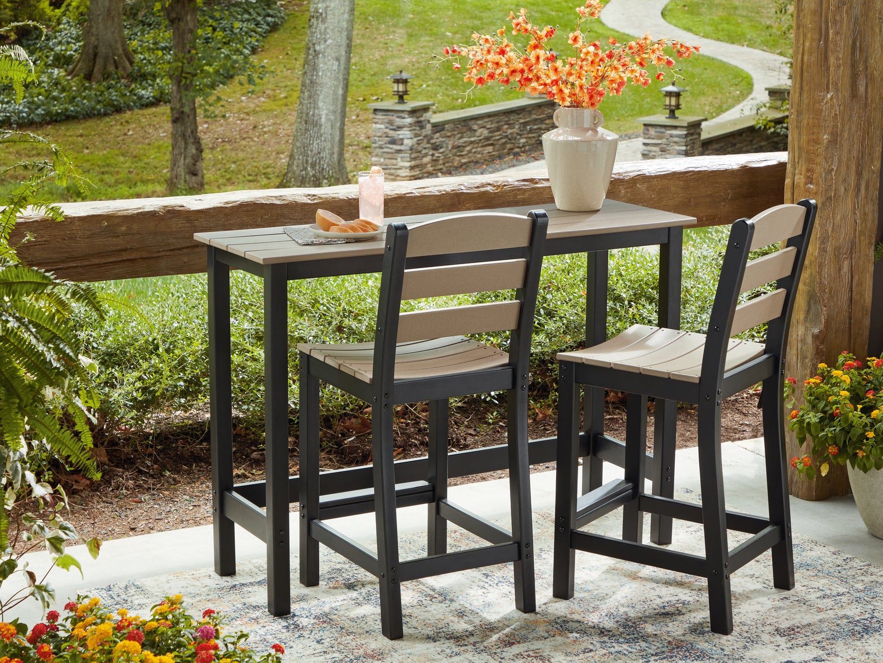 Tampa Furniture Outlet - Ashley Furniture - Shoreline Beach Outdoor - Counter Table Set (3/CN) / Black/Beige - PCP221-113