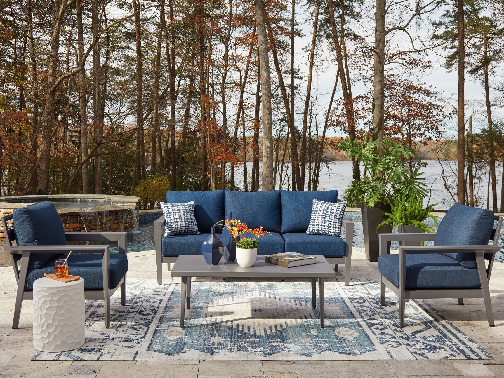 Tampa Furniture Outlet - Ashley Furniture - Gali Outdoor - Sofa/Chairs/Table Set (4/CN) / Gray/Blue - P275-081