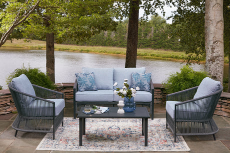 Tampa Furniture Outlet - Ashley Furniture - Bridges Beach Outdoor - Love/Chairs/Table Set (4/CN) / Gray - PCP391-080