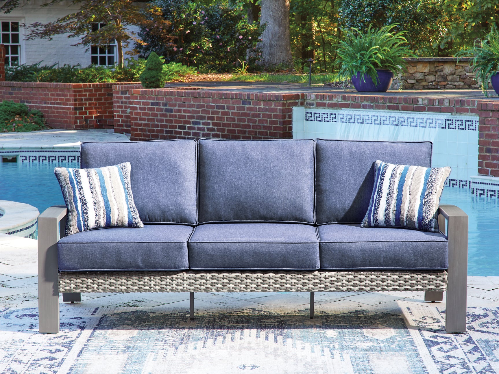 Tampa Furniture Outlet - Ashley Furniture - Half Moon Beach Outdoor - Sofa with Cushion / Blue/Gray - PCP418-838