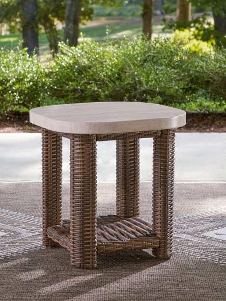 Tampa Furniture Outlet - Ashley Furniture - Dolan Creek Outdoor - Square End Table / Beige/Brown - PCP610-702