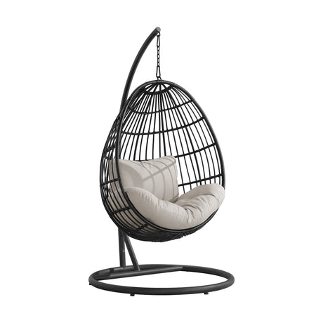 Playa Swing Egg Chair with Base and Pillar - Dark Grey and Olefin Beige - Tampa Furniture Outlet