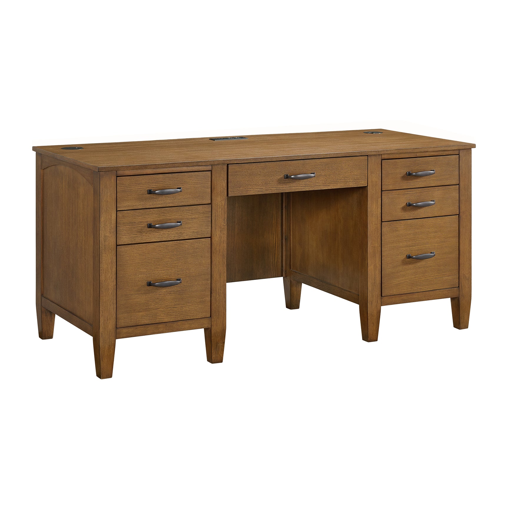 Portico Double Pedestal Desk with Power/USB in Brown Oak - Tampa Furniture Outlet