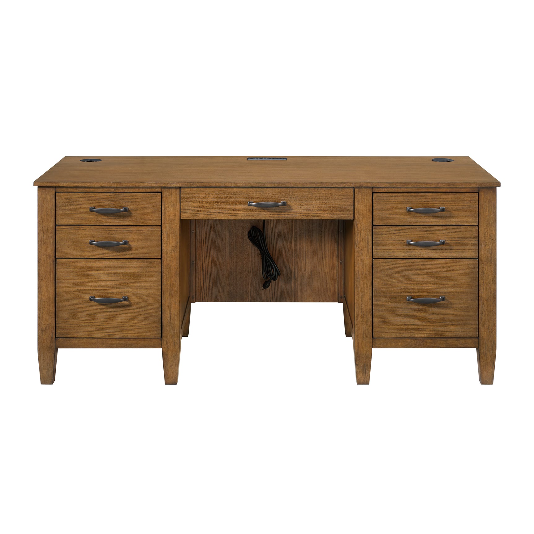 Portico Double Pedestal Desk with Power/USB in Brown Oak - Tampa Furniture Outlet