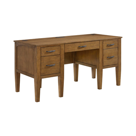 Portico Half Pedestal Desk with Power/USB in Brown Oak