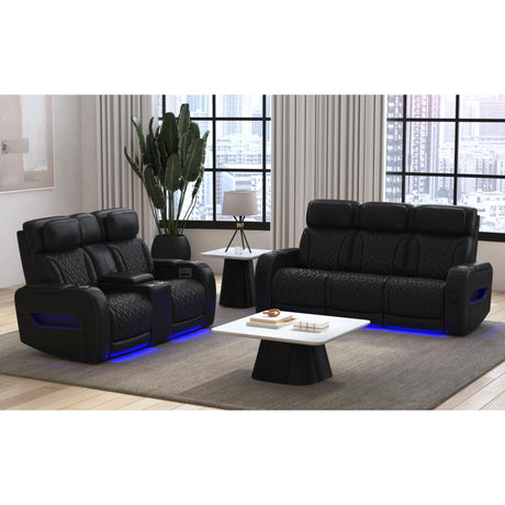 Prime Time P3 Sofa with I Table, reading light, heat, massage, LED, and speaker in Jett Black with Red Stitching - Tampa Furniture Outlet