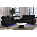 Prime Time P3 Loveseat with LED, wireless charger pocket, and Console in Jett Black with Red Stitching - Tampa Furniture Outlet