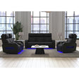 Prime Time P3 Sofa with I Table, reading light, heat, massage, LED, and speaker in Jett Black with Red Stitching – SKU U-16330-10450-308PPPR | Elements