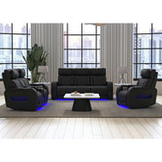 Prime Time P3 Loveseat with LED, wireless charger pocket, and Console in Jett Black with Red Stitching – SKU U-16330-10450-285PPPR | Elements