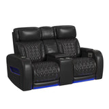Prime Time P3 Loveseat with LED, wireless charger pocket, and Console in Jett Black with Red Stitching - Tampa Furniture Outlet