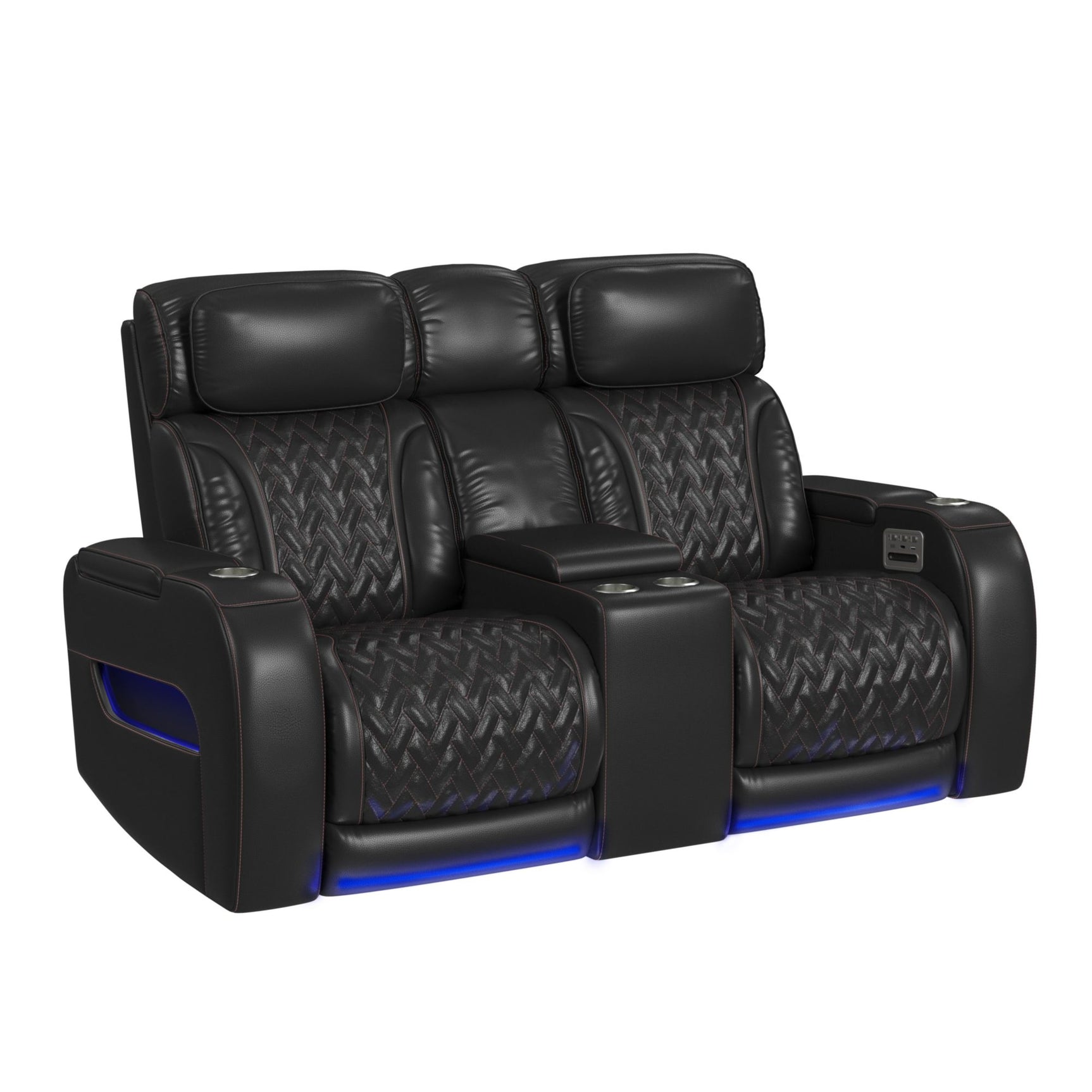 Prime Time P3 Loveseat with LED, wireless charger pocket, and Console in Jett Black with Red Stitching - Tampa Furniture Outlet