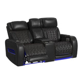 Prime Time P3 Loveseat with LED, wireless charger pocket, and Console in Jett Black with Red Stitching - Tampa Furniture Outlet