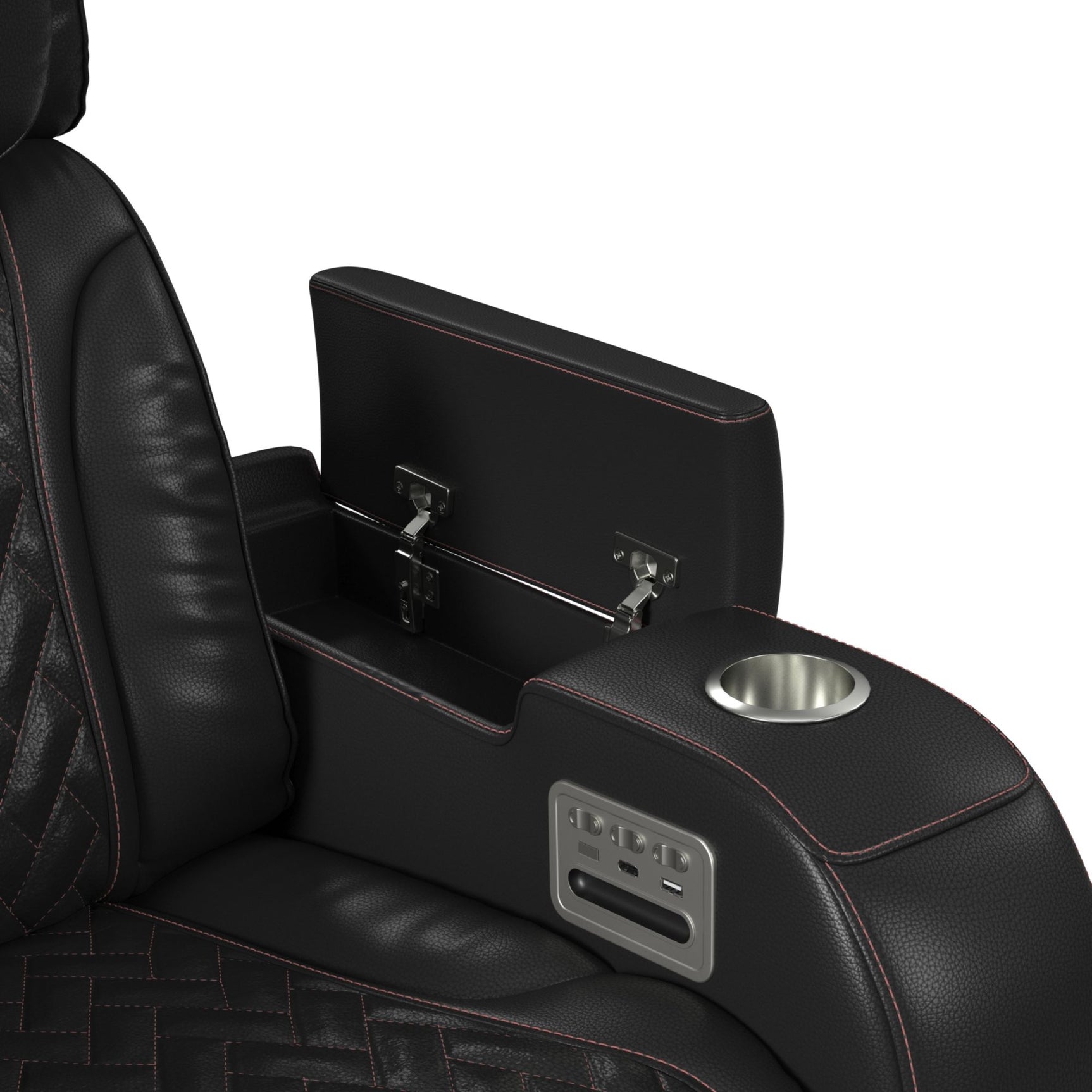 Prime Time P3 Loveseat with LED, wireless charger pocket, and Console in Jett Black with Red Stitching - Tampa Furniture Outlet