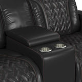 Prime Time P3 Loveseat with LED, wireless charger pocket, and Console in Jett Black with Red Stitching - Tampa Furniture Outlet