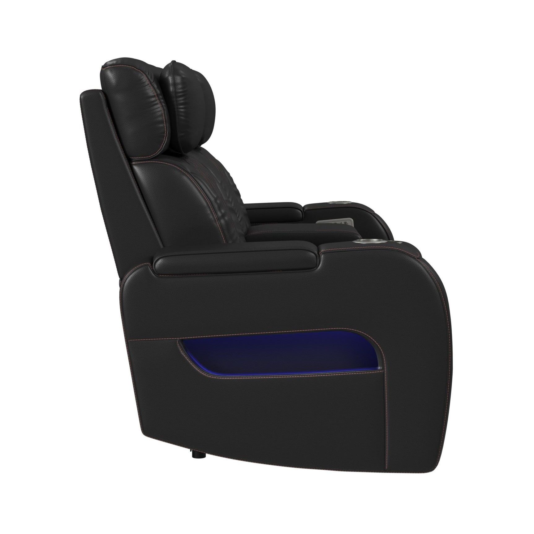Prime Time P3 Loveseat with LED, wireless charger pocket, and Console in Jett Black with Red Stitching - Tampa Furniture Outlet