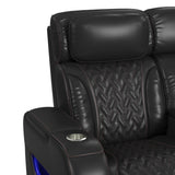 Prime Time P3 Loveseat with LED, wireless charger pocket, and Console in Jett Black with Red Stitching - Tampa Furniture Outlet
